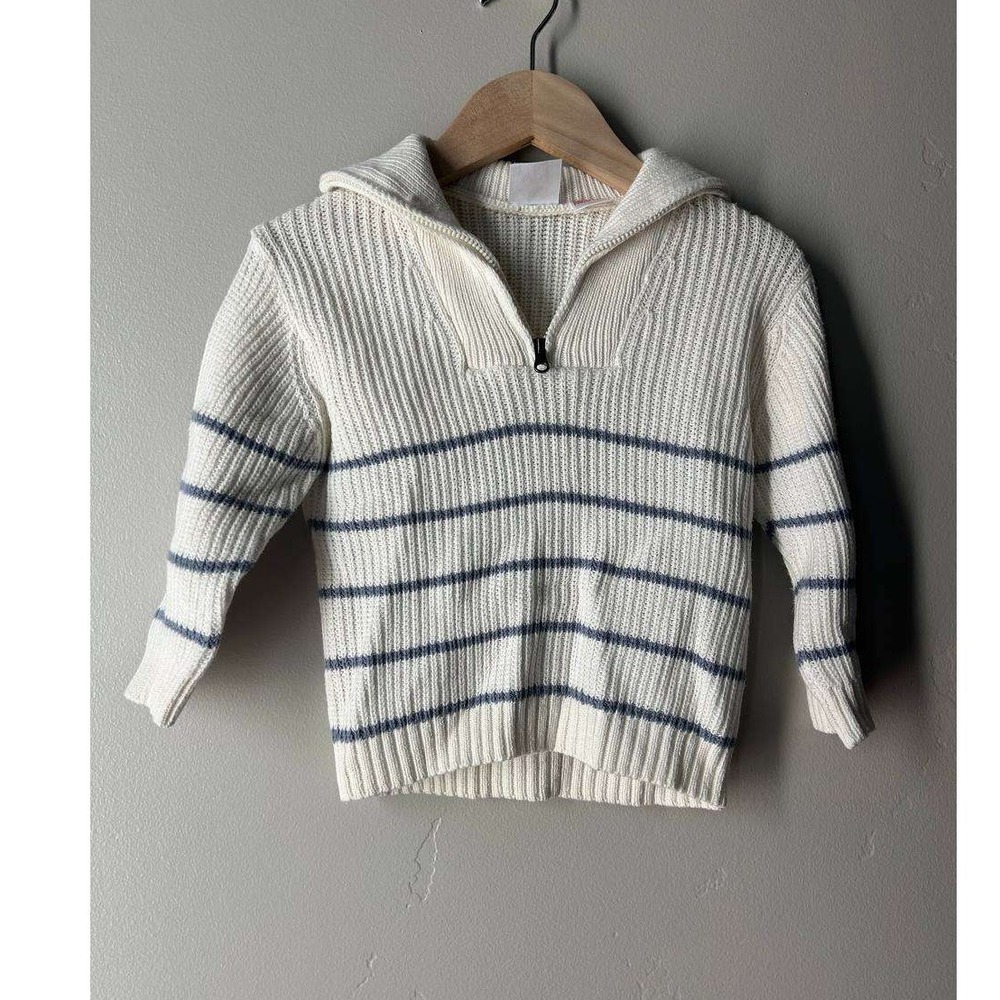 Zara Stripe Quarter Zip Knit Sweater Coastal Nautical Cream Navy Blue 59% Cotton